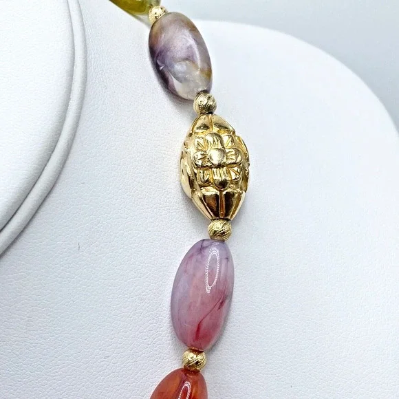 Vintage Napier Lucite Marbled Faux Stone Gold Tone Beaded Necklace Colorful 16" - Picture 4 of 7